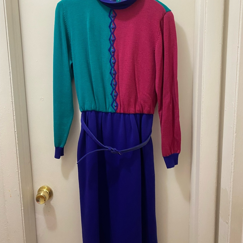 VINTAGE Ciao Ltd. multicoloured wool dress with belt Size 8 #retro #party
